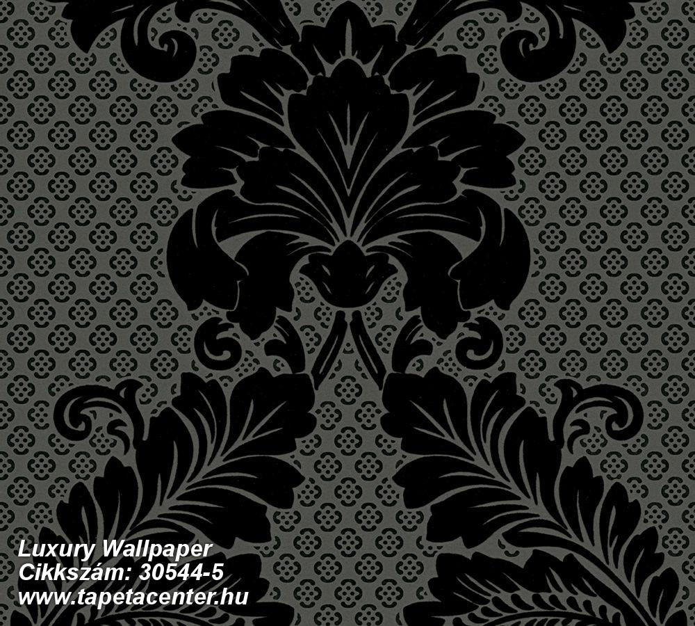 Barokk-klasszikus,különleges felületű,velúr felületű,fekete,szürke,vlies tapéta 